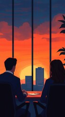 Naklejka premium Business Partners Observing a Sunset Over the City Skyline During a Meeting