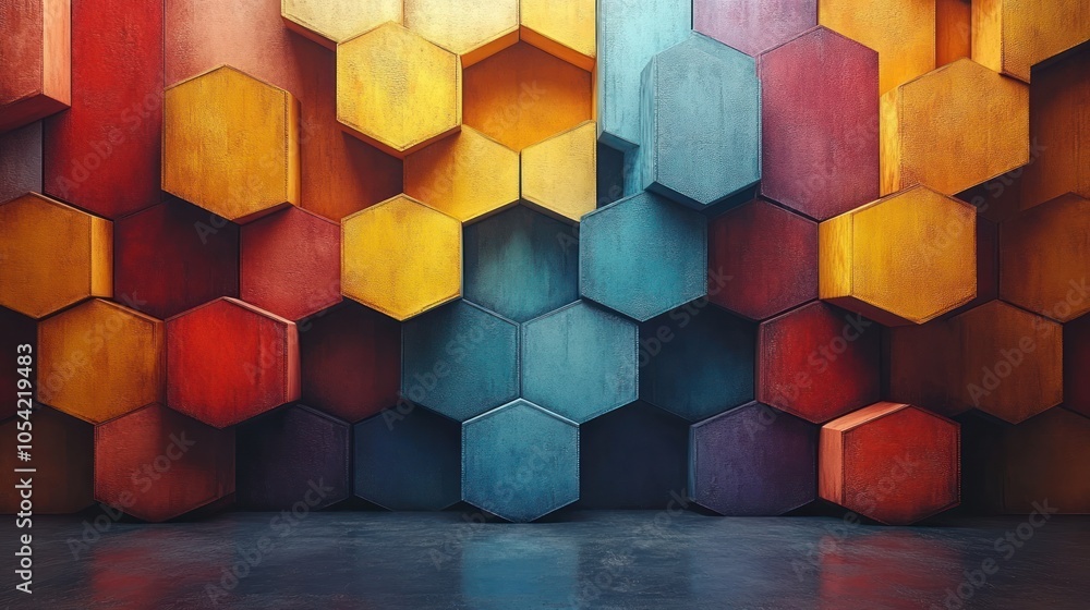 Poster Abstract Geometric Hexagon Wall with Reflective Floor