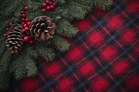 Cozy Christmas Decoration. Holiday ornaments on tartan fabric with space.