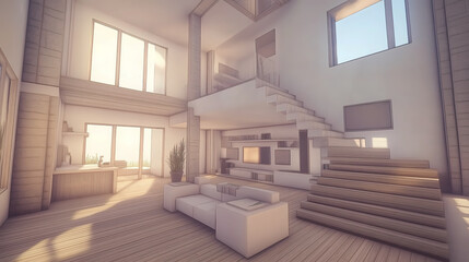 Modern Scandinavian-inspired living room with a light wood floor, white walls, and minimalist furniture, creating an open, airy vibe