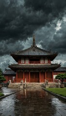 Obraz premium Traditional East Asian architecture against a dramatic sky.