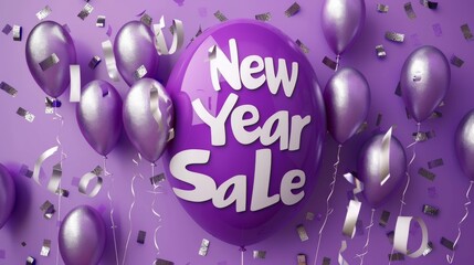 A purple background with silver balloons and a large purple circle with the words New Year Sale written in white