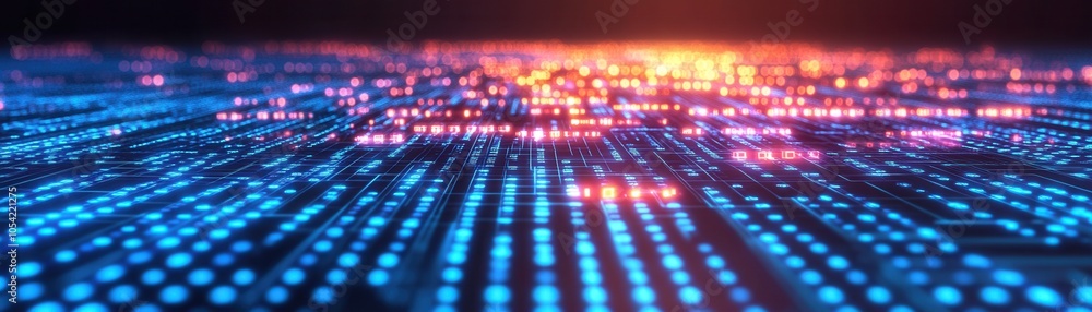 Poster a stunning abstract visualization of glowing dots and lights, creating a vibrant digital landscape w