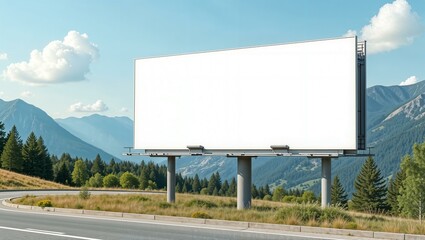 White billboard near the road with mountain view, clean and minimalist design, large and empty, ready for custom text or graphics. horizontal advertisement mockup, summer