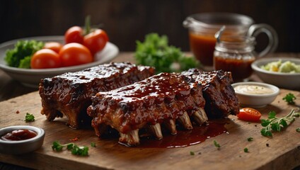 Juicy barbecue ribs glazed with smoky sauce, served on a rustic plate with creamy dipping sauce. Perfectly grilled, tender, and flavorful, ideal for meat lovers and BBQ enthusiasts