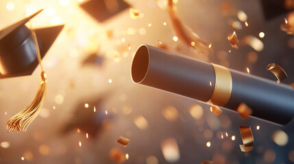 Diploma scrolls, graduation caps, nostalgic atmosphere, 3D illustration