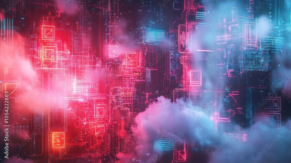 Poster abstract digital background with glowing lines and clouds.