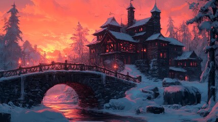 Fototapeta premium A serene winter landscape featuring a cozy cabin, a stone bridge, and a vibrant sunset.