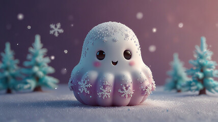 Obraz premium Cute Ghost with Snowflake in Winter Wonderland Scene