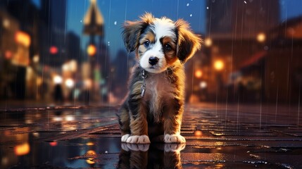 Small homeless lonely puppy sits sadly in the middle of the street in the rain