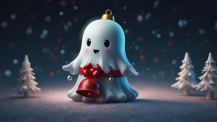Obraz premium Cute Ghost Holding a Christmas Bell Decoration