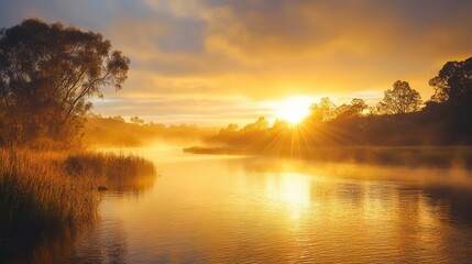 Obraz premium golden sunlight breaking over a tranquil river, illuminating the water and surrounding landscape, conveying a sense of peace, renewal, and the beauty of nature at dawn
