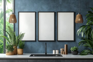 Mock-up poster frame in modern bedroom, Scandinavian style, 3d render, Generative AI