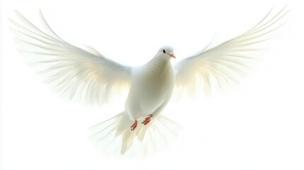 Fototapeta premium graceful white dove soaring against a crisp white background, embodying peace and purity, wings outstretched and feathers detailed, invoking a sense of freedom
