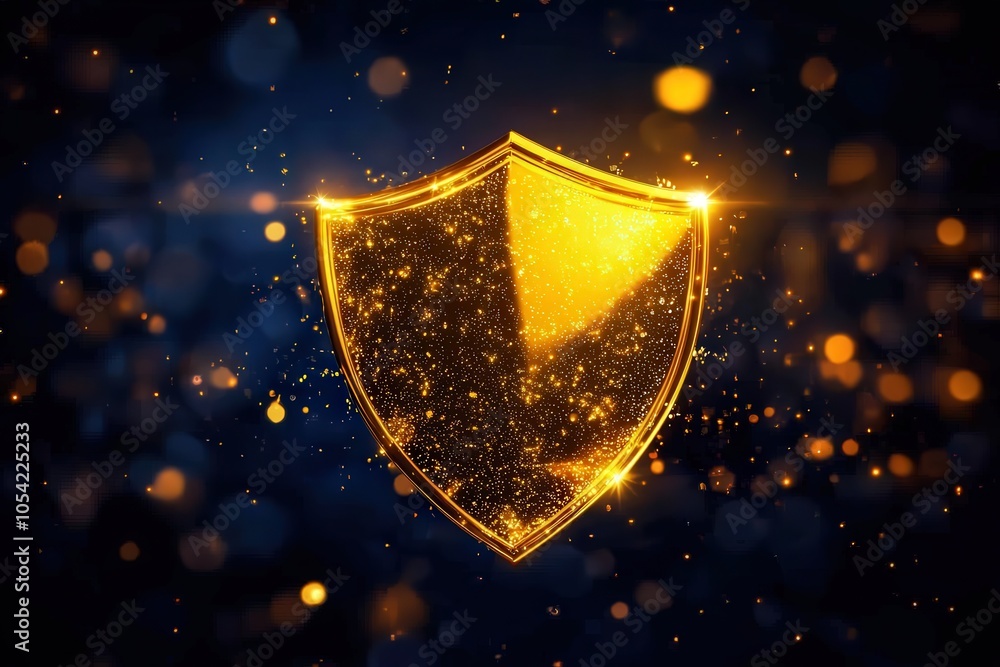Poster golden shield sparkling with light a symbol of protection and security in digital design