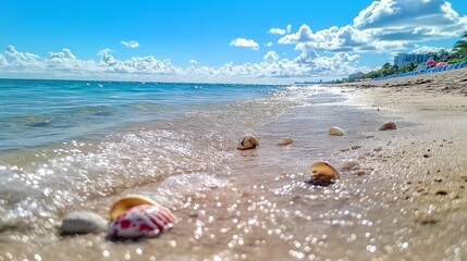 Obraz premium A peaceful sandy beach with scattered seashells and gentle waves lapping at the shore