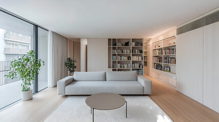 Scandinavian-inspired minimalist living room with a light gray couch, simple coffee table, and an indoor plant beside a bookshelf