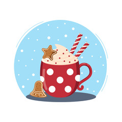 Winter cup of hot chocolate or hot cocoa with polka dot design. Red mug with coffee, Christmas candies and cream. Flat design elements. Winter season illustration. Vector illustration