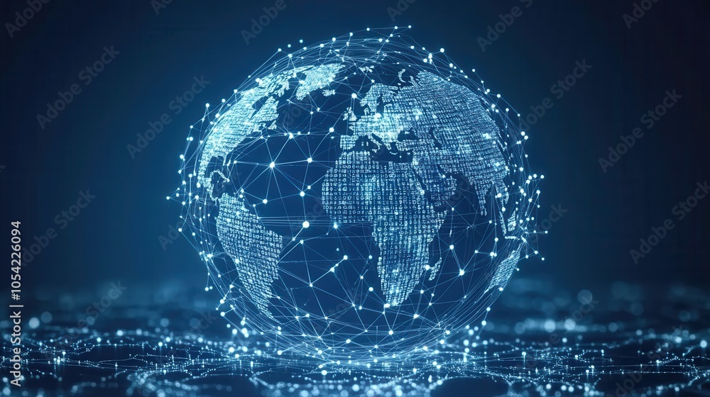 Poster a stunning visual representation of the global network, showcasing interconnected data points and a 