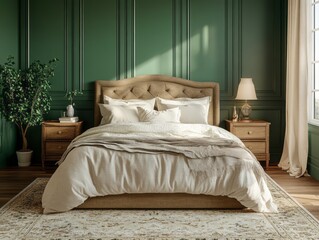 Emerald green walls with soft lighting, brown bed, and neutral rug