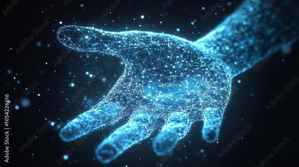 Poster futuristic digital hand hologram projected against a dark backdrop, showcasing neural network connec