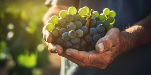 A farmer holds a bunch of grapes in his hands. Close-up of harvesting. Generative AI.