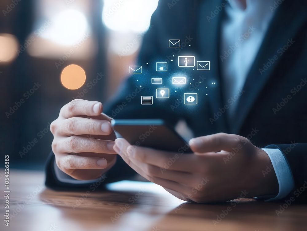Poster a businessman utilizing a smartphone with a visible voice icon, engaging in a virtual conversation w
