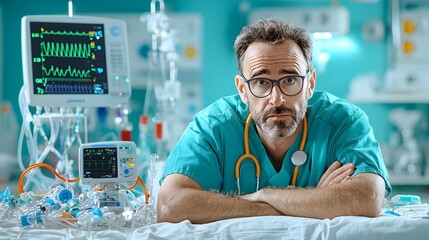 Close up portrait of a medical professional in ICU scrubs with an oxygen monitoring device blurred in the background providing critical care and treatment
