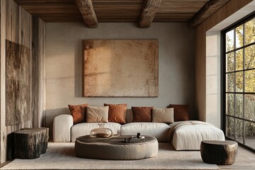 Home interior mock-up with red sofa, table and decor in green living room, 3d render, Generative AI