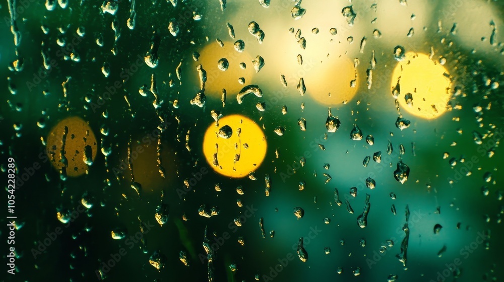 Poster a close-up view of raindrops on a window, with blurred lights in the background creating a serene at