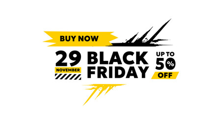 Flat style sale promotion creative illustration of black friday logo with 50% off. Vector black friday sale label design with yellow splash on white background for discount day promo banner, logotype