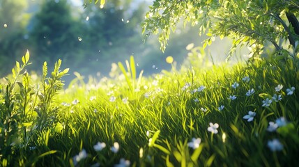 Obraz premium Natural scenery background featuring a vibrant meadow with lush green grass swaying gently in the breeze, casting delicate shadows that add depth and dimension to the image. 