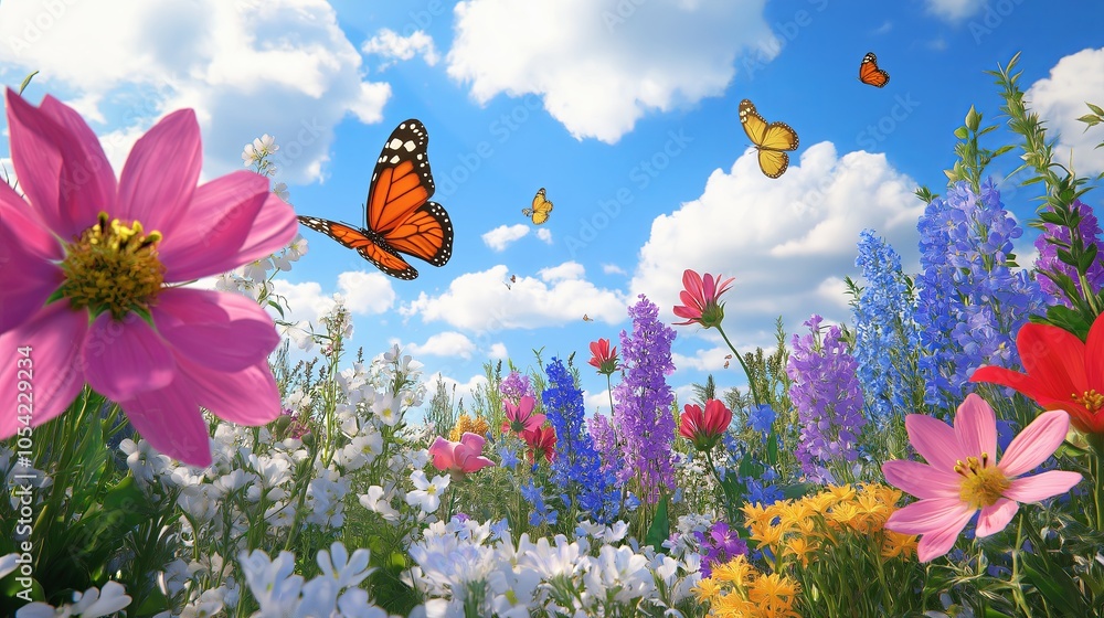 Poster a field of wildflowers in bloom with colorful butterflies fluttering around in warm sunlight.