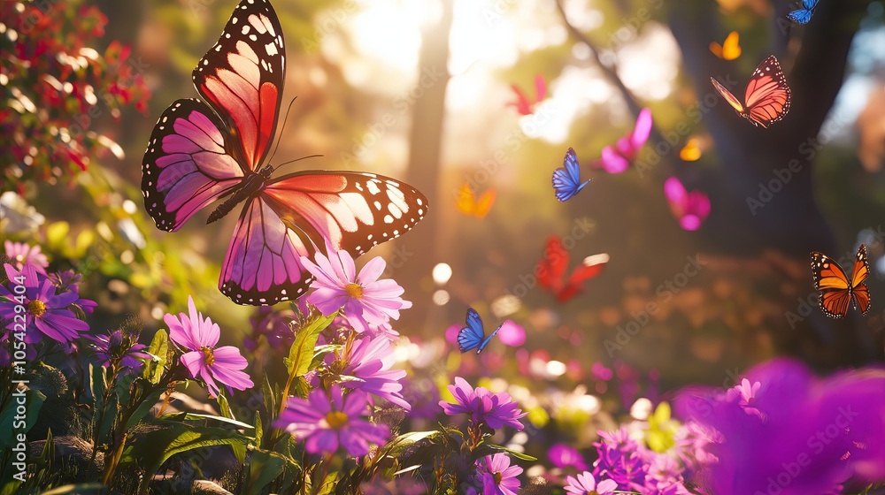 Poster a field of wildflowers in bloom with colorful butterflies fluttering around in warm sunlight.