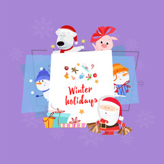 Winter Holidays postcard design. Inscription with Santa Claus, piglet, snowman, polar bear and gifts on background with snowflakes. Can be used for postcards, greeting cards, leaflets