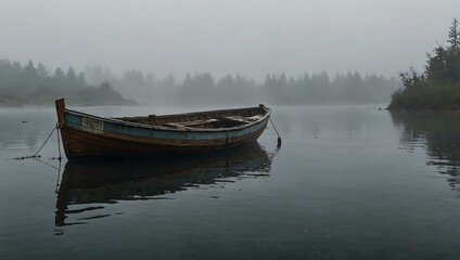 Abandoned boat in foggy waters.