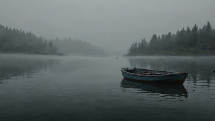 Abandoned boat in foggy waters.
