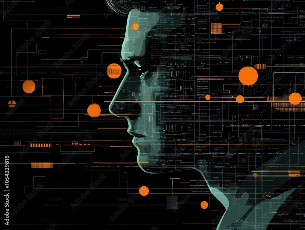 Poster exploring the intersection of human thought and technology through graphic visualization