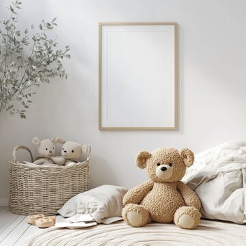 Mock up poster, wall in children bedroom interior background, Scandinavian style, 3D render, Generative AI