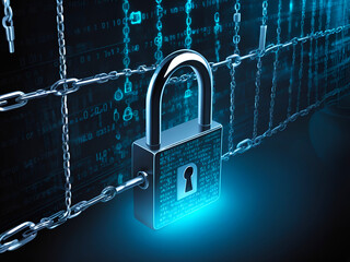 concept of digital data security lock and chain in programming source code