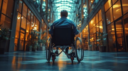 Obraz premium A wheelchair user working at a tech company in a modern office environment during late afternoon