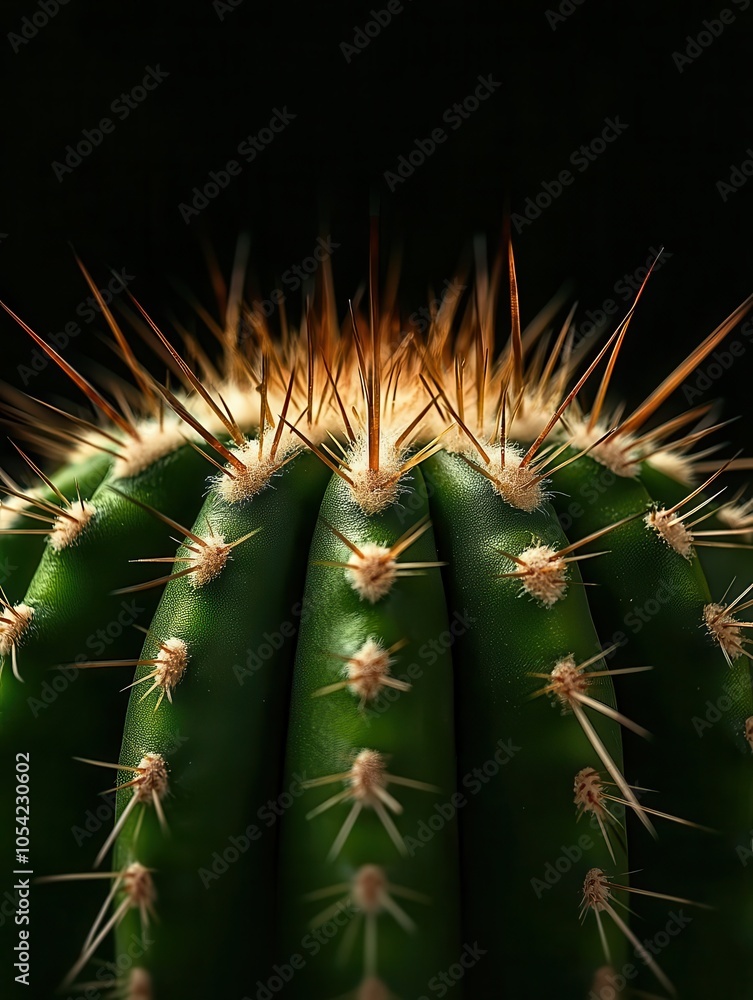 Poster close-up of a green cactus with sharp spikes
