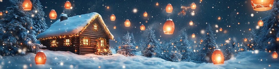 Fototapeta premium Cozy winter cabin in snowy landscape with sky lanterns