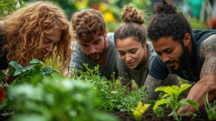 Community gardening team nurturing plants in vibrant outdoor setting