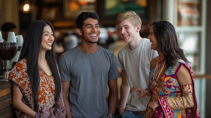 Naklejka premium Diverse group of friends sharing laughter in a casual cafe environment