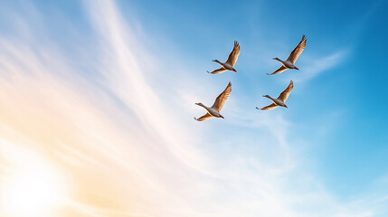 Obraz premium A stunning view of birds in formation against a vibrant twilight sky, capturing freedom and natural beauty