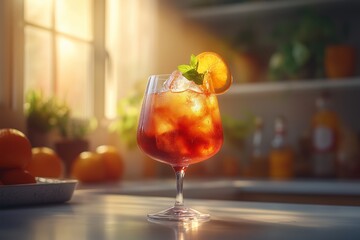 A sparkling Aperol Spritz served in a wine glass filled with ice, garnished with a slice of fresh orange and a sprig of green mint.
