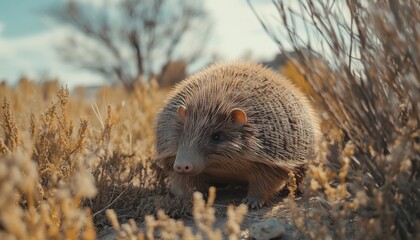 Obraz premium Rare Armadillo Adorable Hairy Armadillo Spotted Peeking Out From Bushes In Wild Habitat.