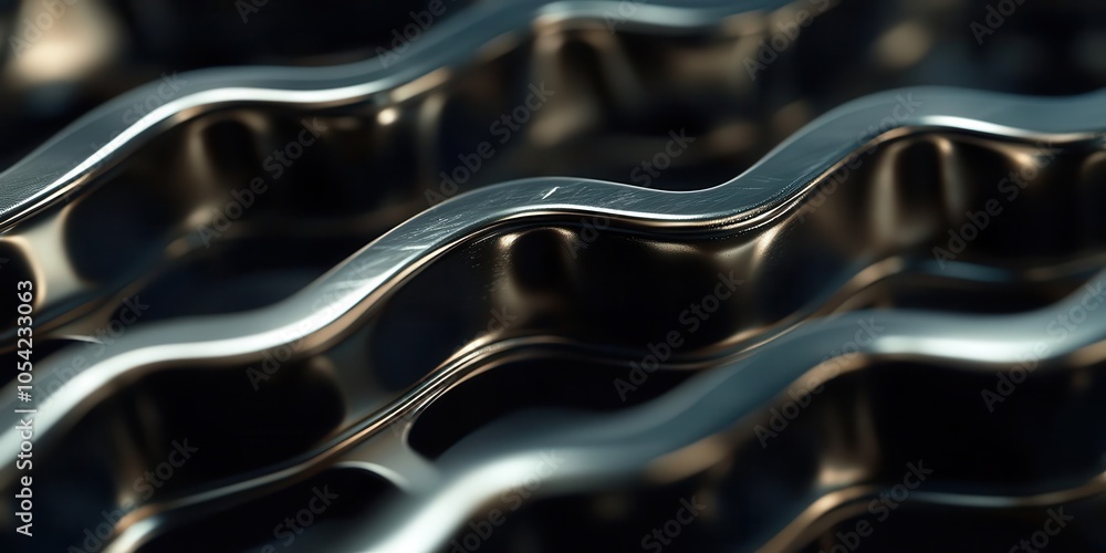 Poster metallic wavy grid: a close-up shot of a sleek, metallic grid with a wavy pattern, creating a hypnot