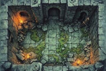 Ancient stone dungeon interior with worn floor and flickering torches illuminating dark corners